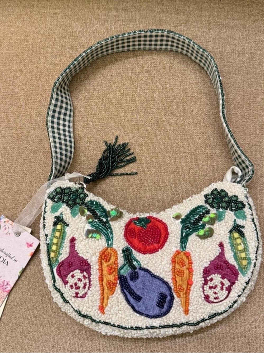 NWT Made in India Vegetable Veggie Gingham Beaded Shoulder Bag